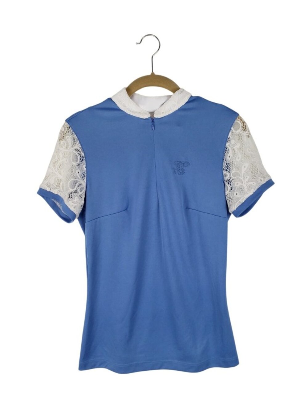 Le Fash Ettie Lace Short Sleeve Shirt Blue White Equestrian Top Womens Small